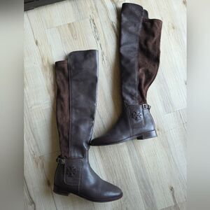 Tory Burch Wyatt Over-The-Knee Boot Brown Leather & Suede Gold Buckle 6M Riding